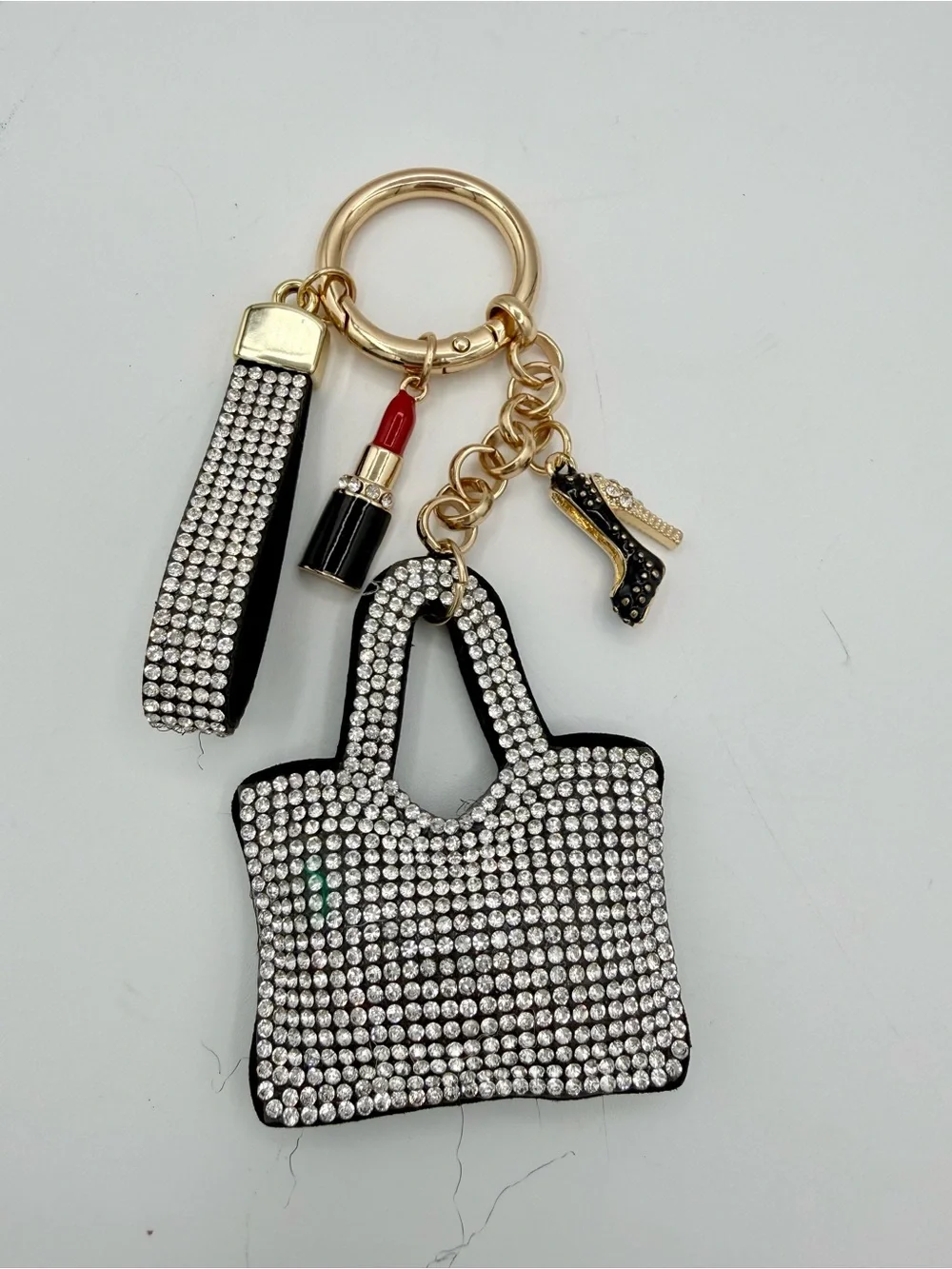 Gold-Tone Crystal Black Handbag Charm Keychain with Lipstick & Heel